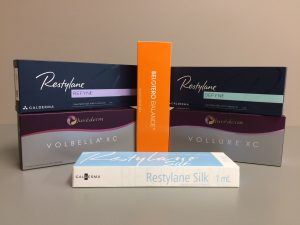 Boxes of the newest fillers available at SkinCare Physicians