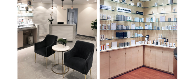 Photo collage with the Advanced Dermatology Spa's waiting room and the SkinCare Boutique